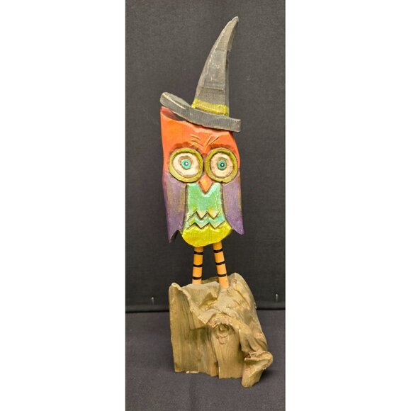 Primitive Folk Art Whimsy Creations Owl w Witches Hat Halloween Carving Figurine - Picture 1 of 9